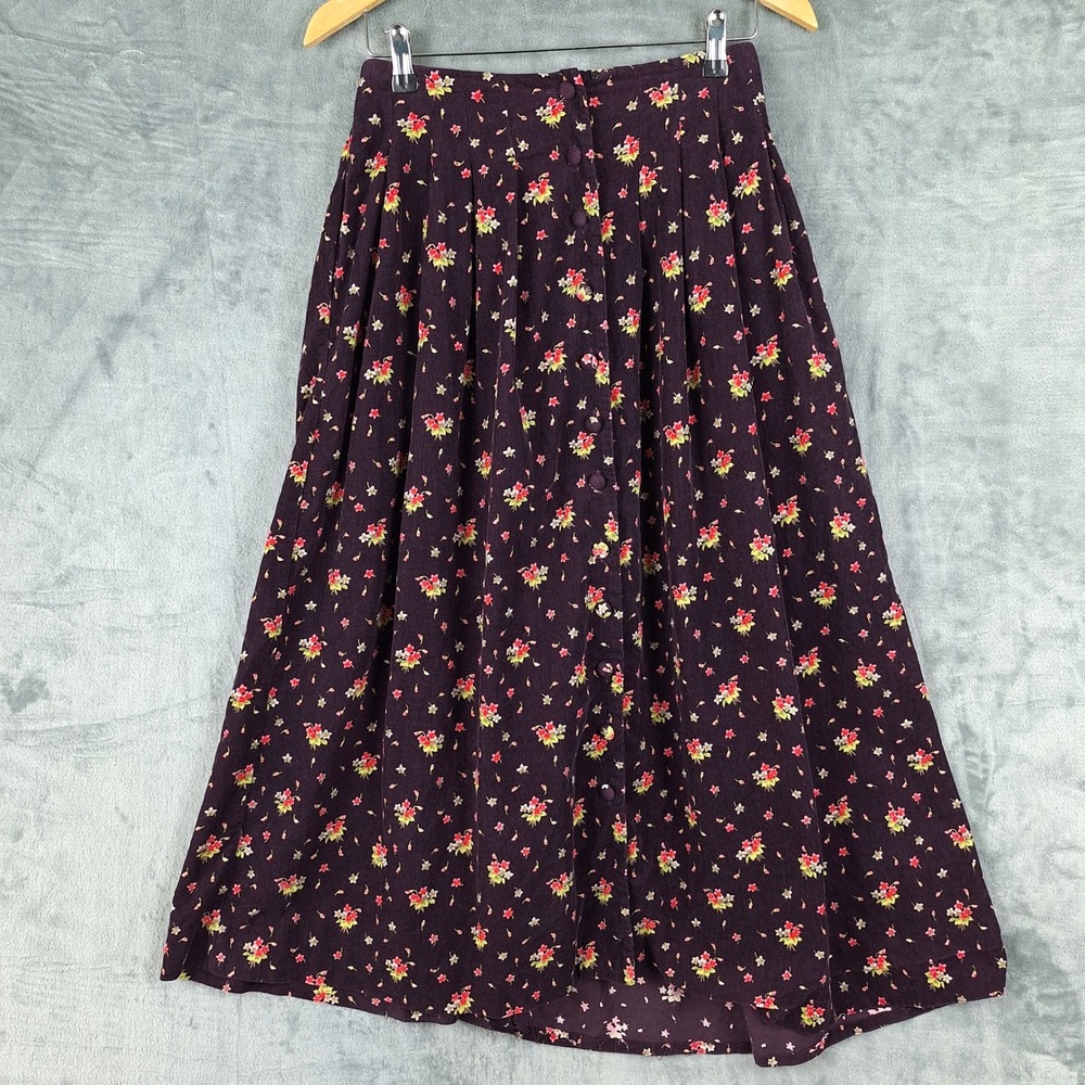 Vtg Womens Skirt 4 Corduroy Floral Dark Romantic Midi Cottage Pleated Pockets